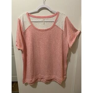 Silverwear Womens Rose Pink Top Plus Size 2X Terry Short Sleeve Lace Accent